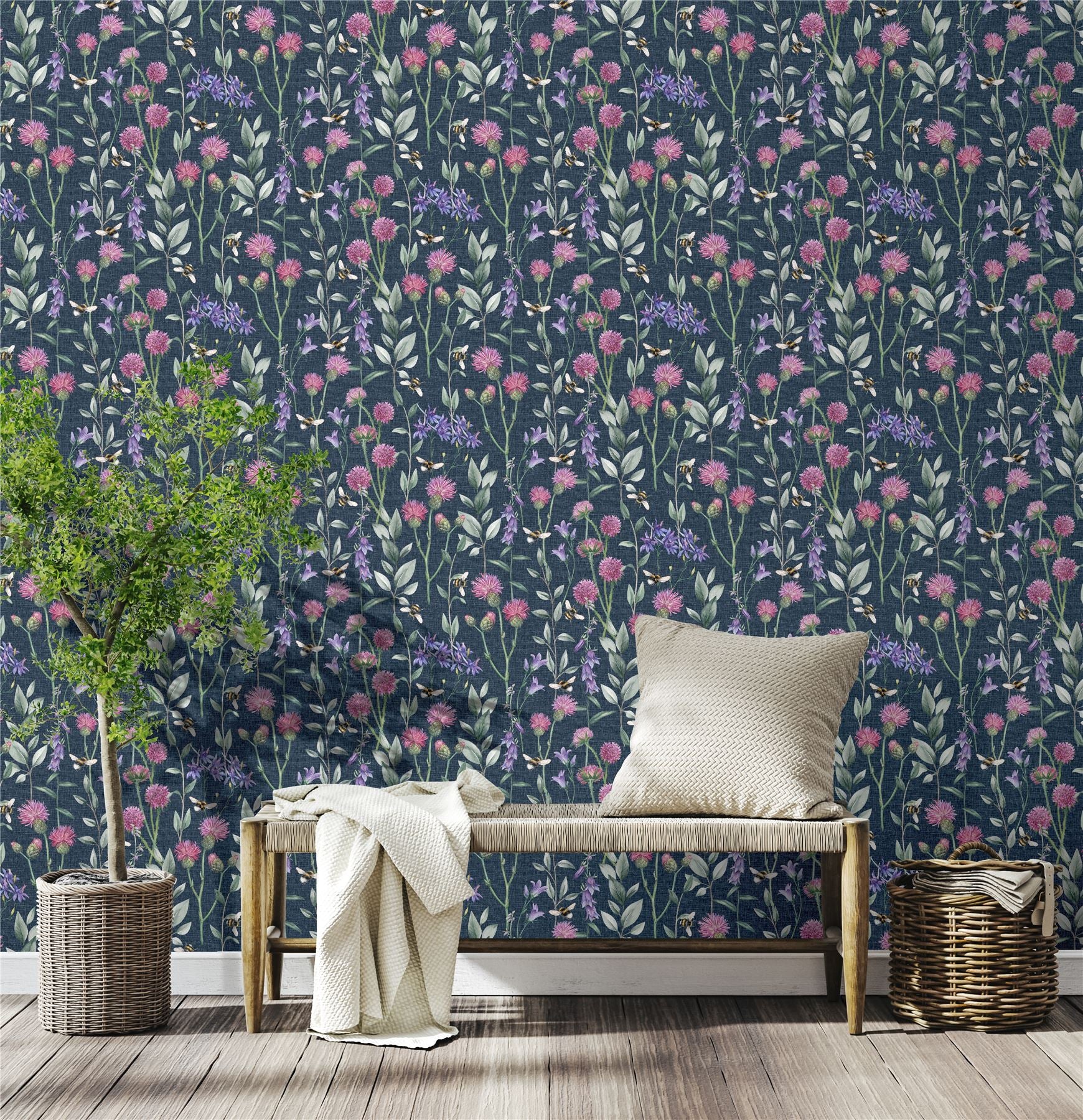 Bumblebee Meadow Navy Wallpaper