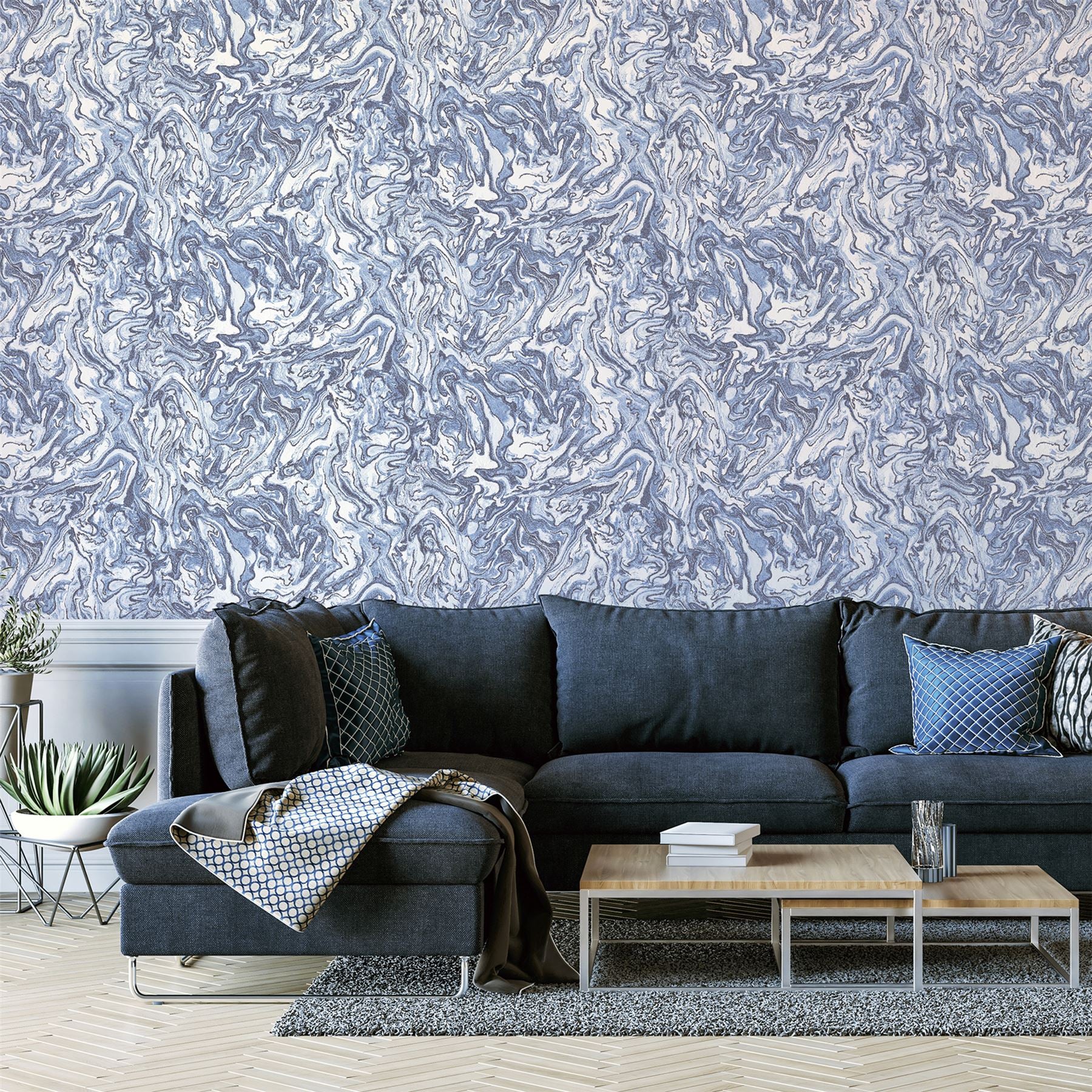 Liquid Marble Navy Wallpaper