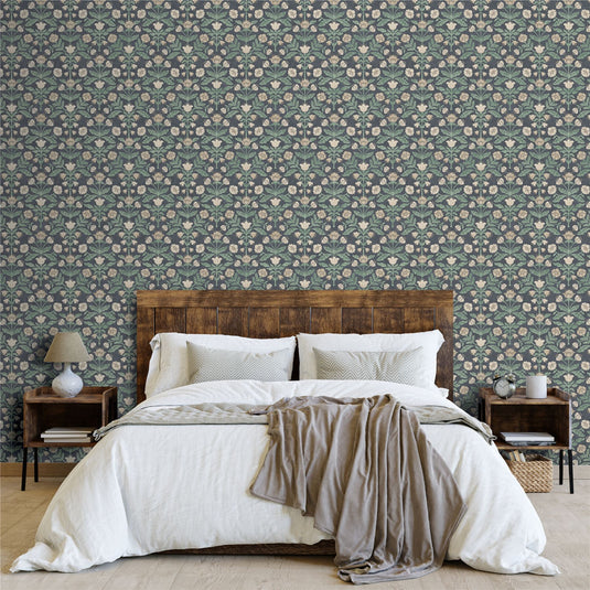 Modern Floral Damask Navy Wallpaper