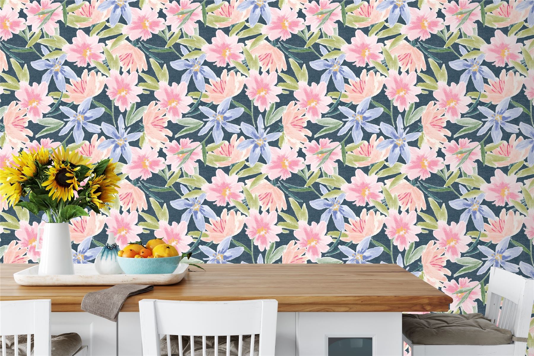 Watercolour Floral Navy Wallpaper
