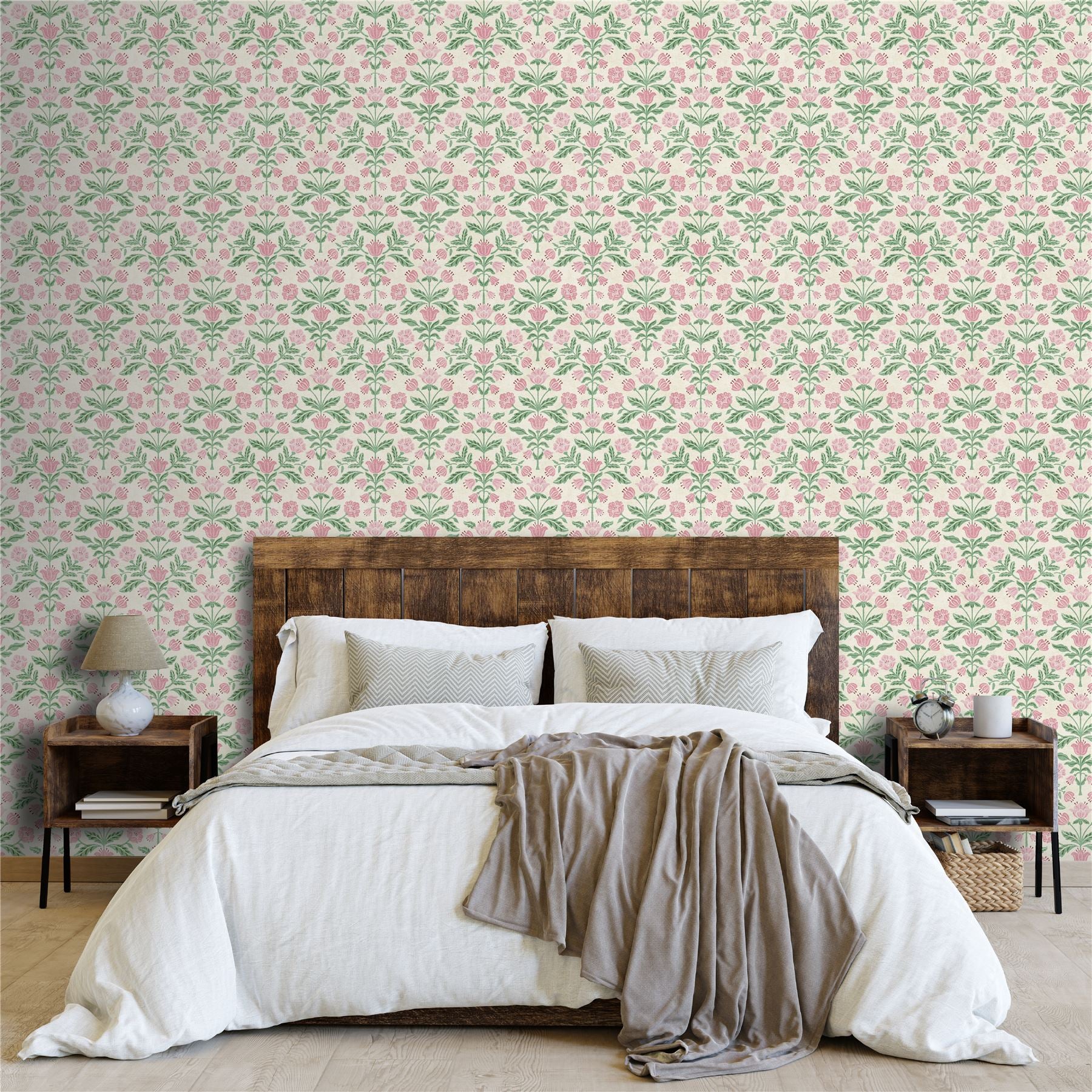 Modern Floral Damask Green / Pink Wallpaper