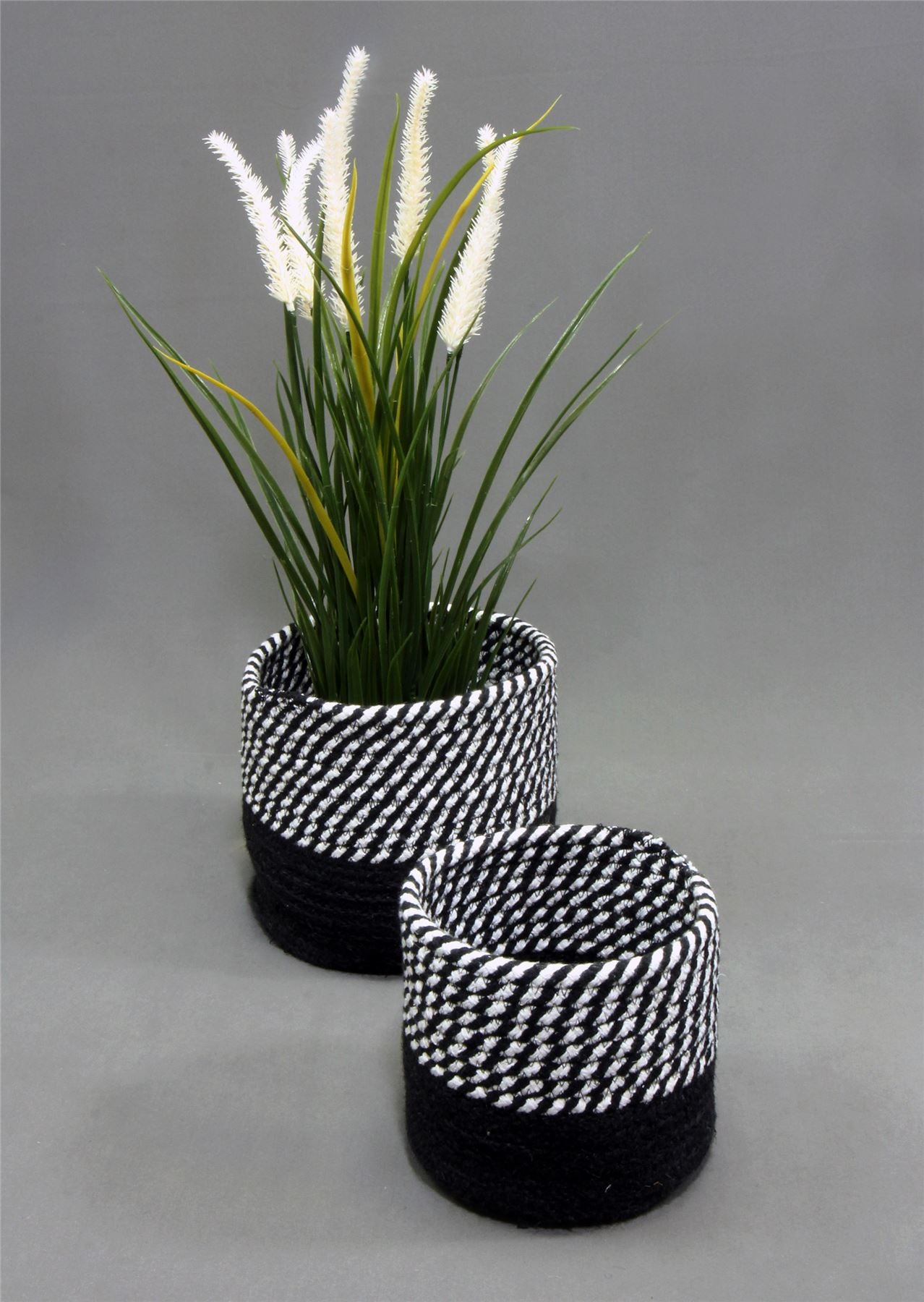 Barnes Round Jute/ Cotton Black Stripe Set of 2 Baskets