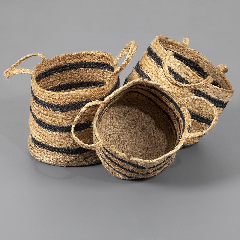 Barnsbury 100% Jute with Handle Black Stripe Set of 3 Baskets