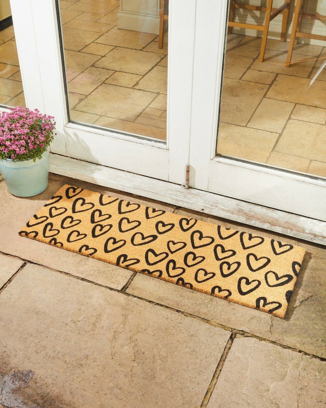 Astley Printed Hand Drawn Hearts PVC Backed Coir 40x120cm Natural Doormat