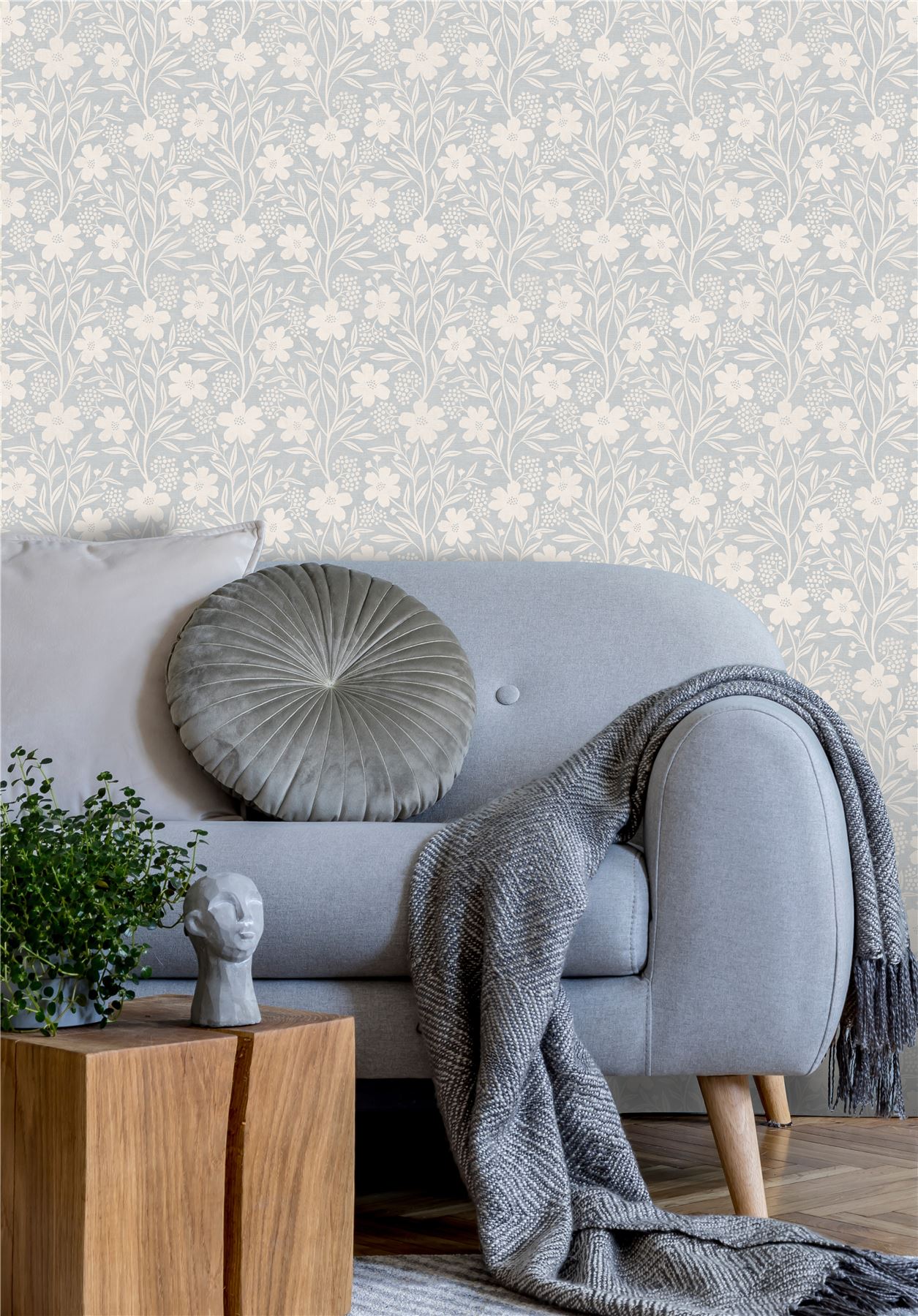 Berry Floral Soft Blue Wallpaper