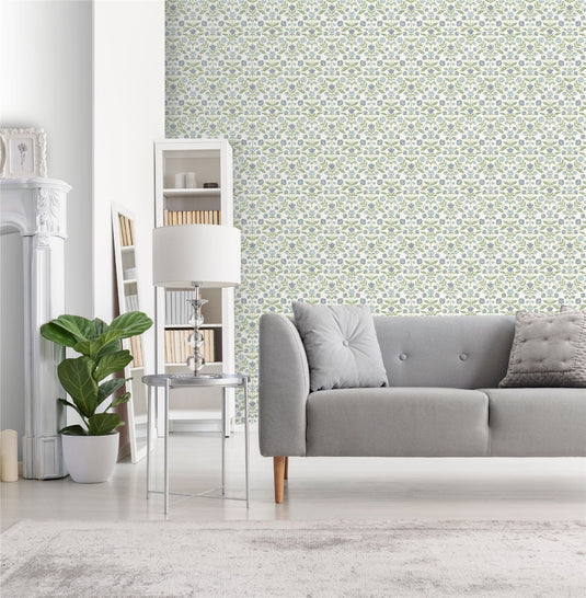 Modern Floral Damask Blue / Green Wallpaper