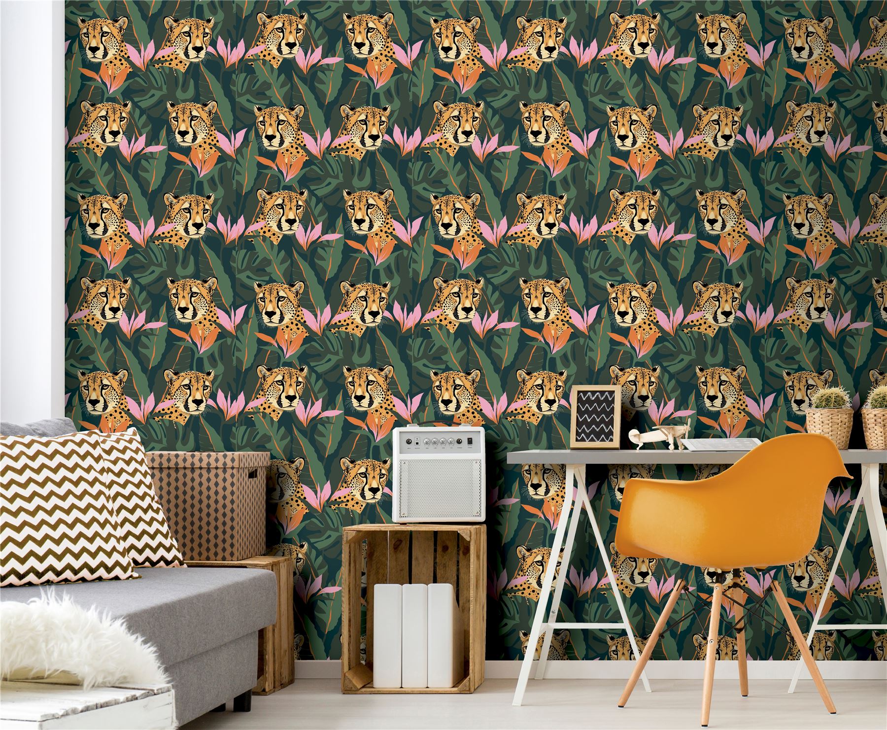 Jungle Leopard Dark Green Wallpaper