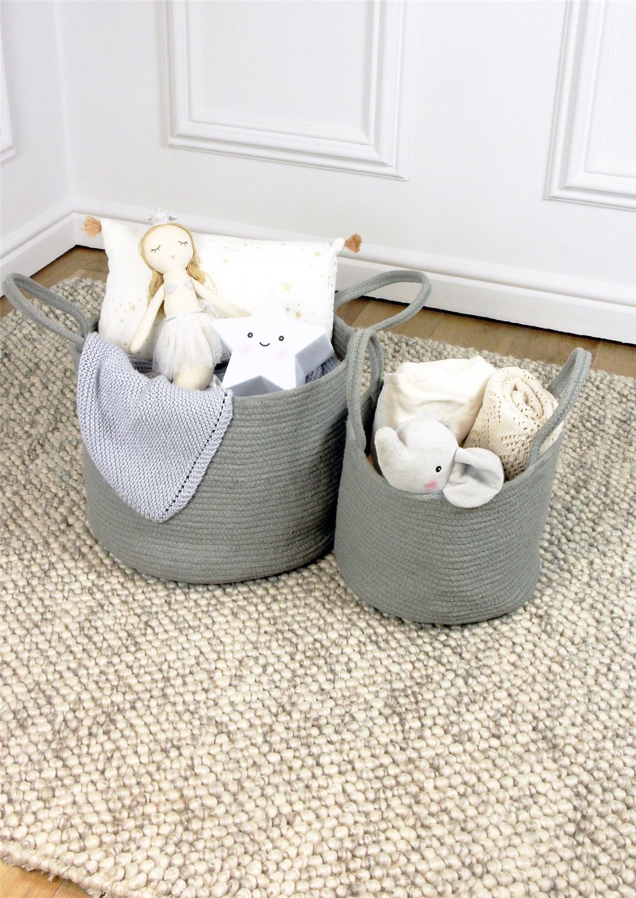 Beckton 100% Cotton Baskets with Handle Grey Set of 2 Baskets