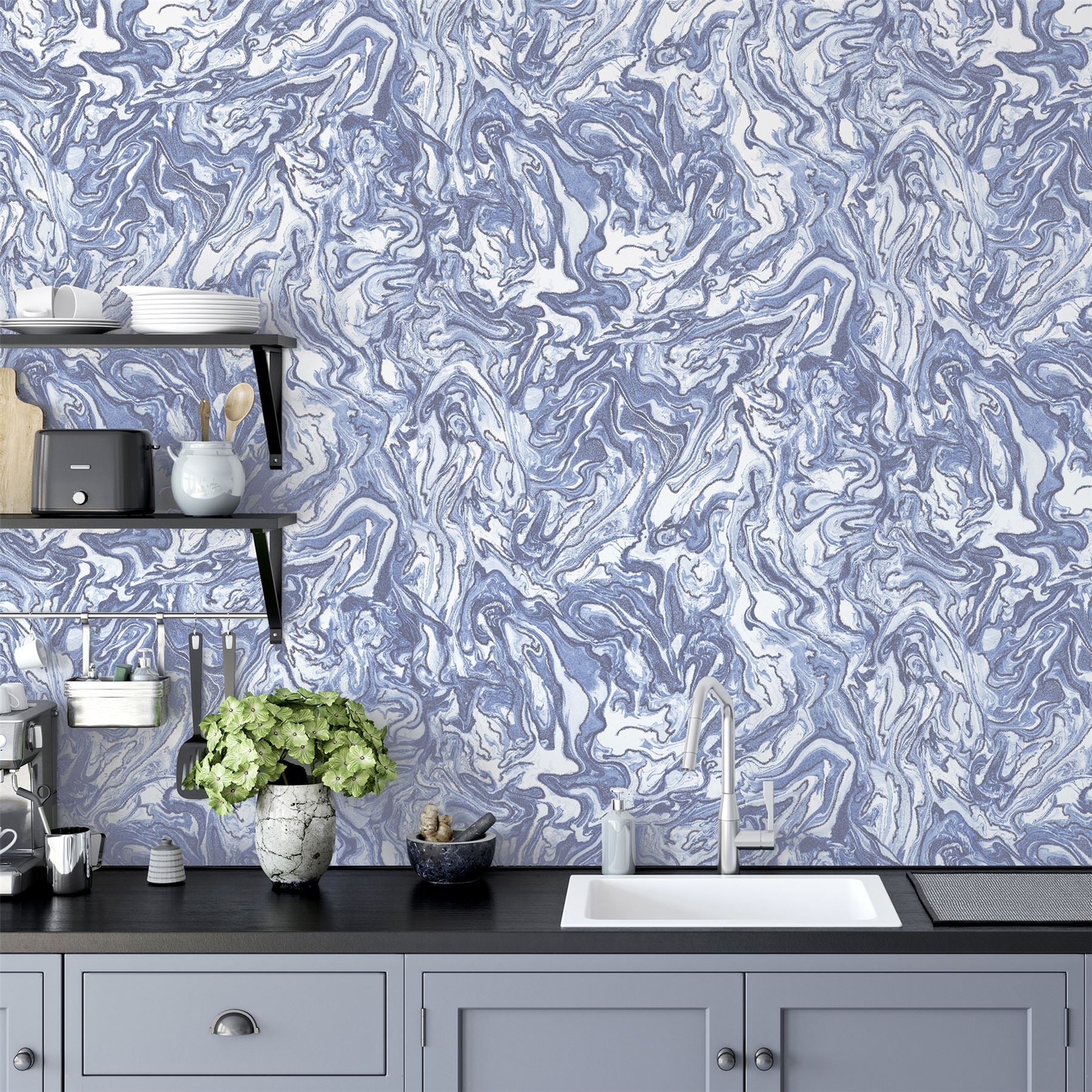 Liquid Marble Navy Wallpaper