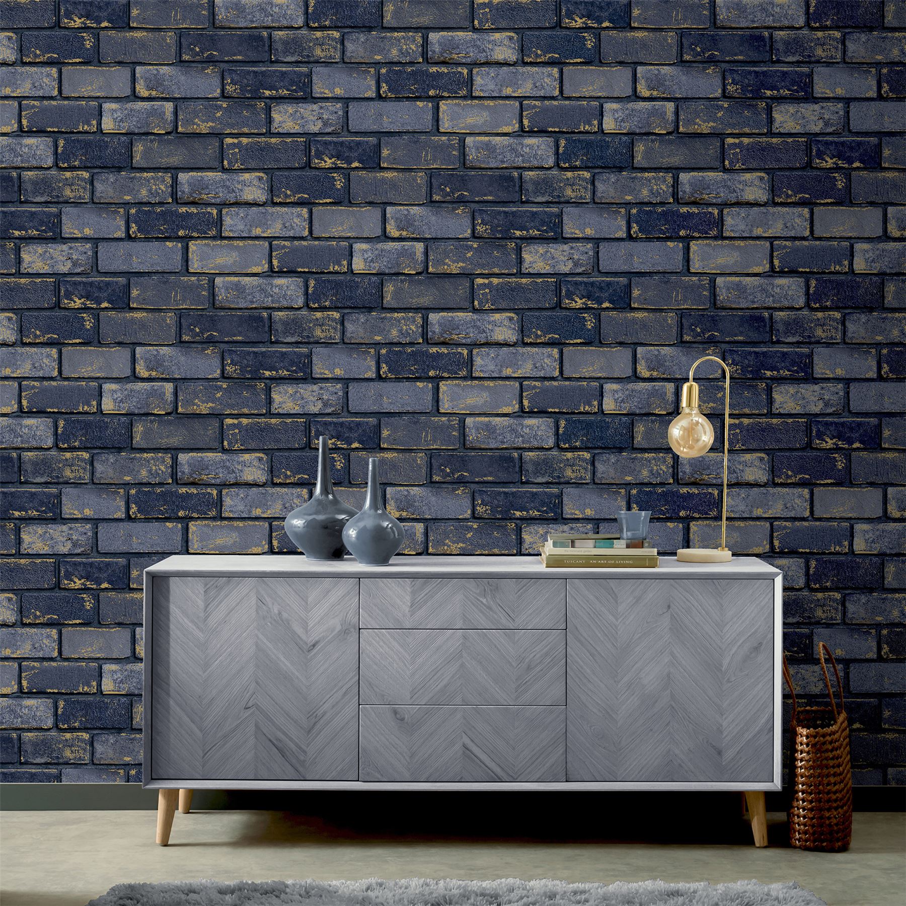 Metallic Brick Navy/Gold Wallpaper