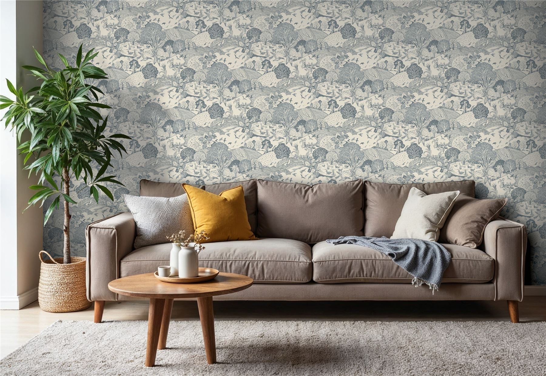 Country Landscape Navy Wallpaper