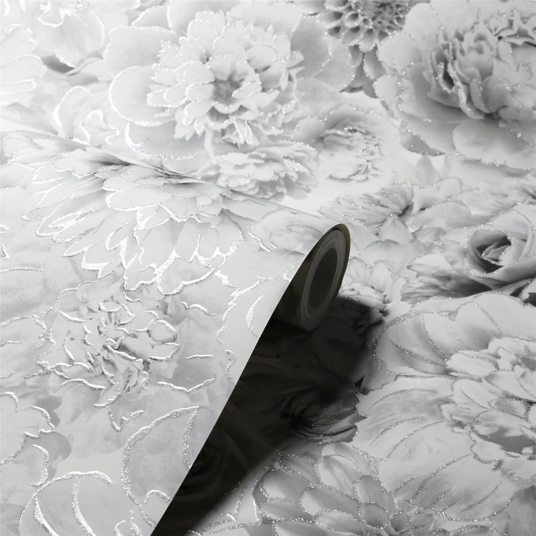 Glitter Bloom Silver Wallpaper