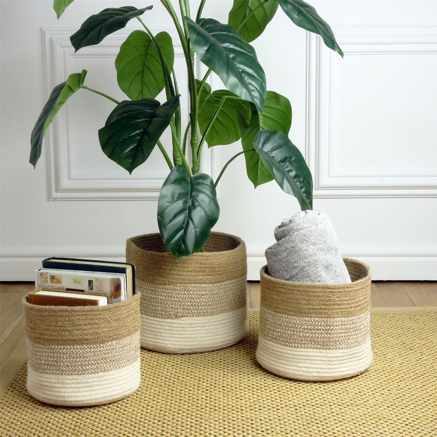Barking Round Jute/Cotton Round Planter Striped Set of 3 Baskets