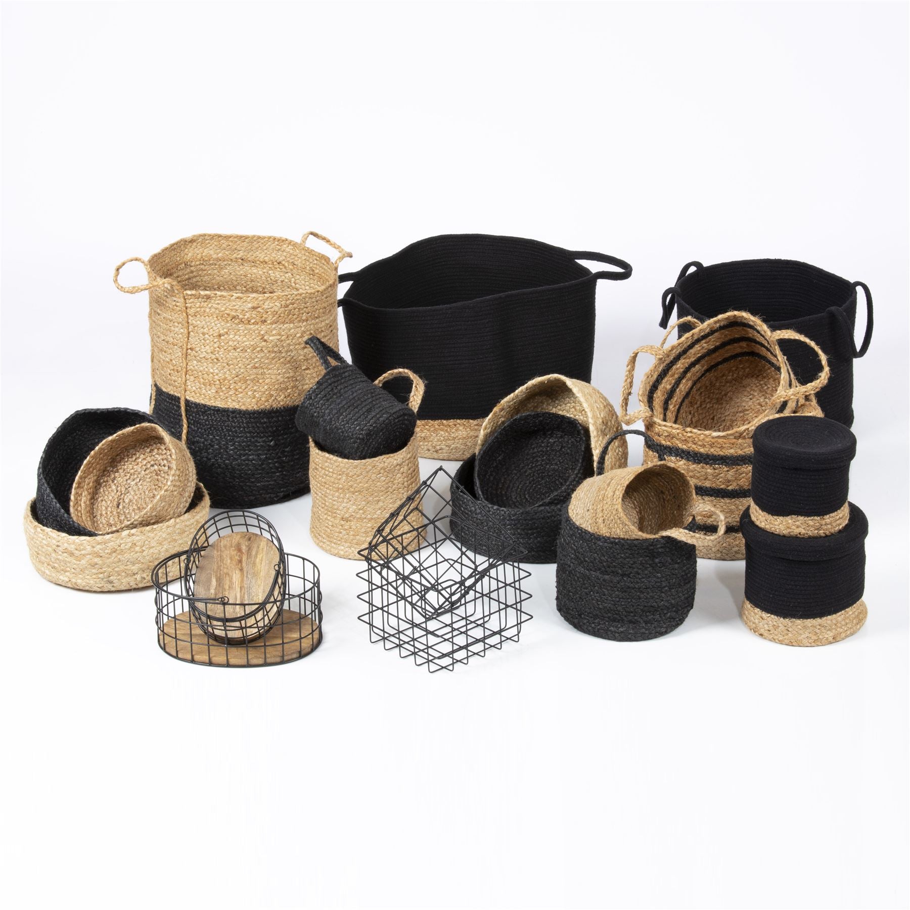 Barnsbury 100% Jute with Handle Black Stripe Set of 3 Baskets