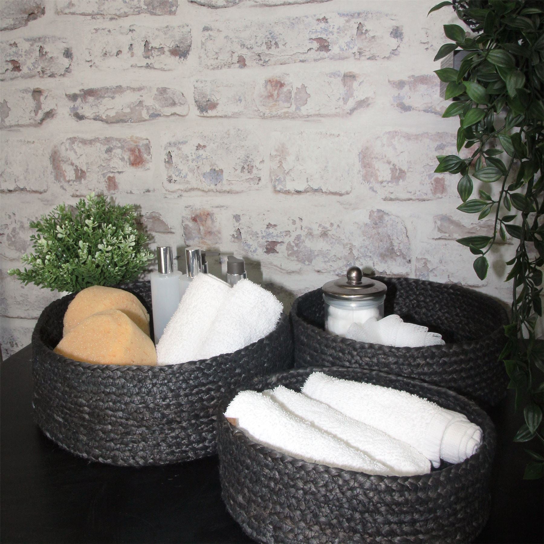 Bankside 100% Jute Flat Round Black Set of 3 Baskets