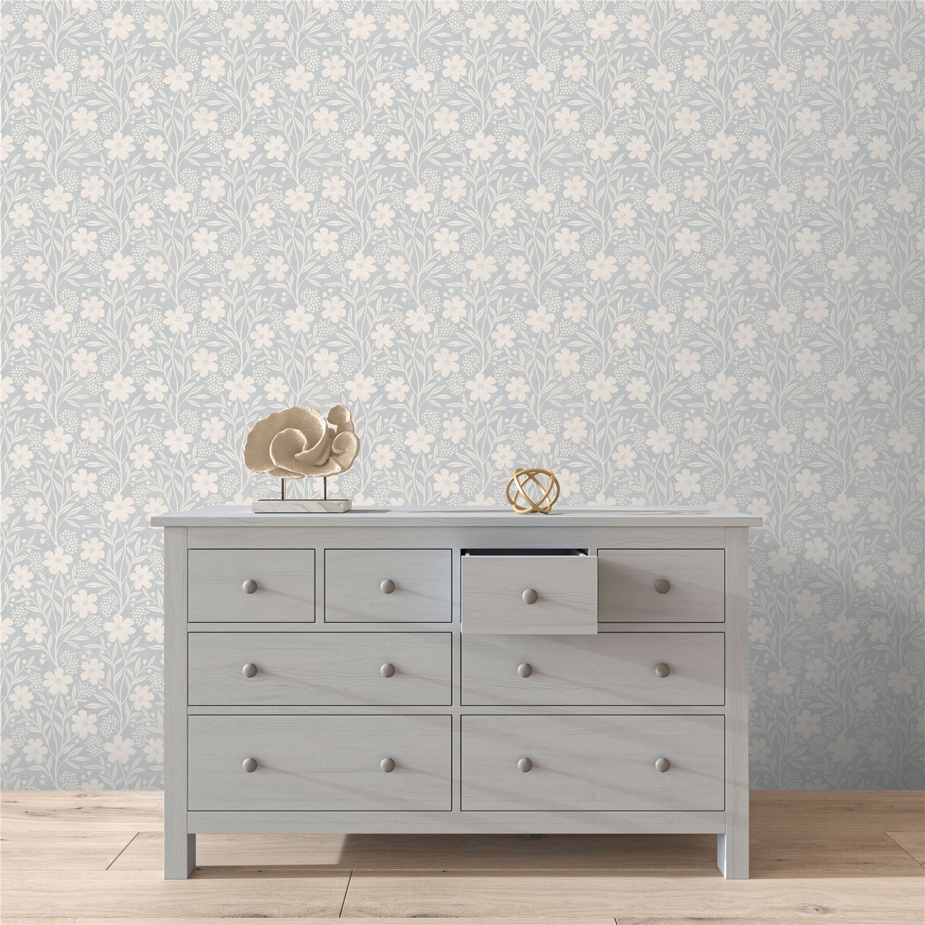Berry Floral Soft Blue Wallpaper