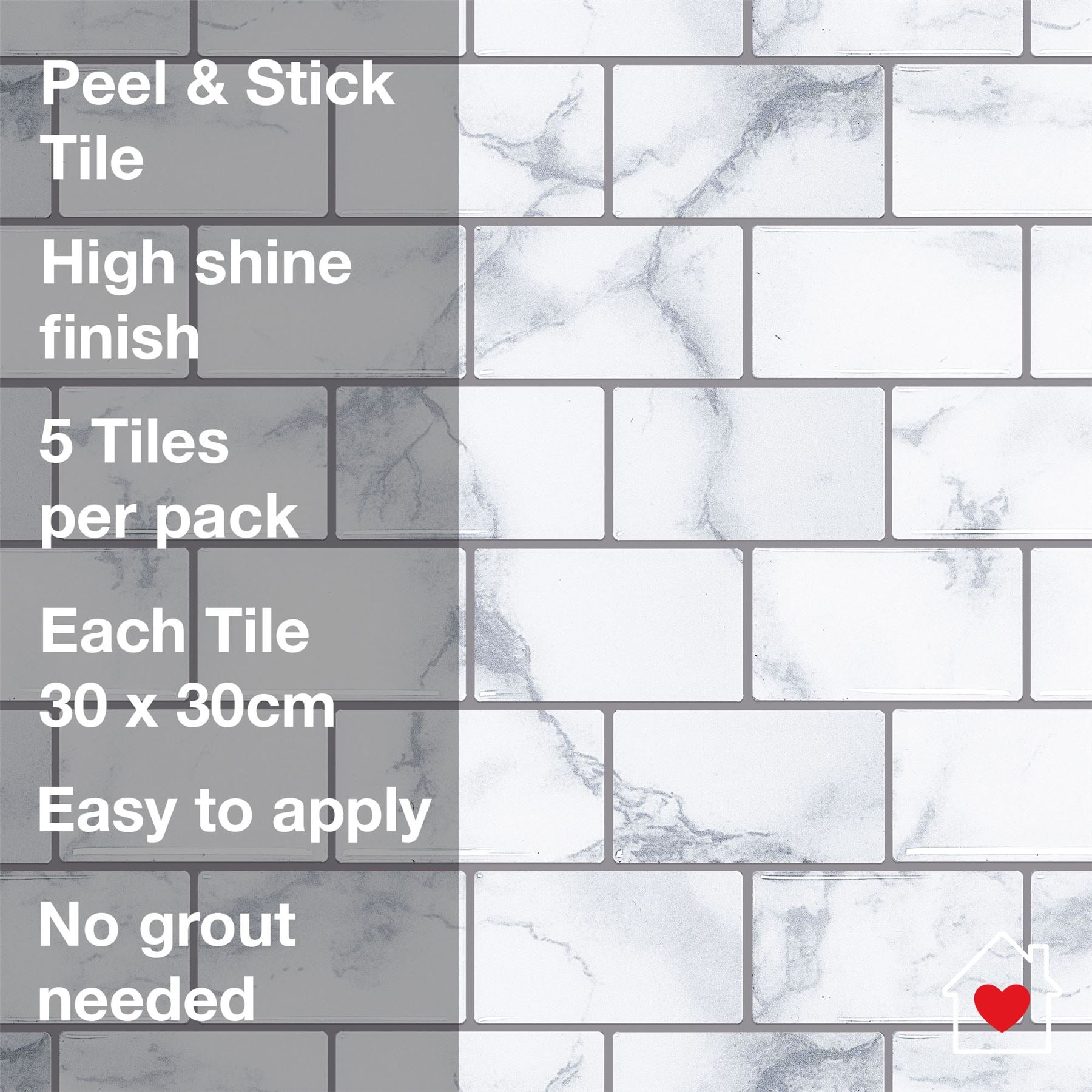 Wall Tile Marble Brick 30.5x30.5cm Grey (5 Tiles Per Pack)