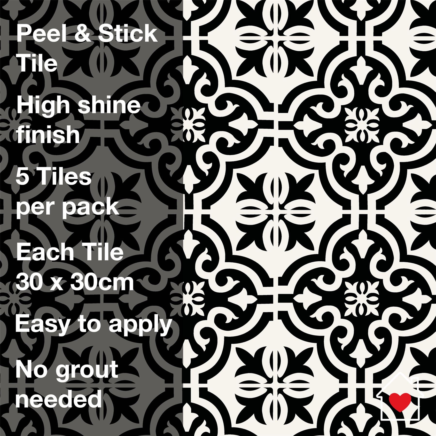 Wall Tile Motif 30.5x30.5cm Black (5 Tiles Per Pack)
