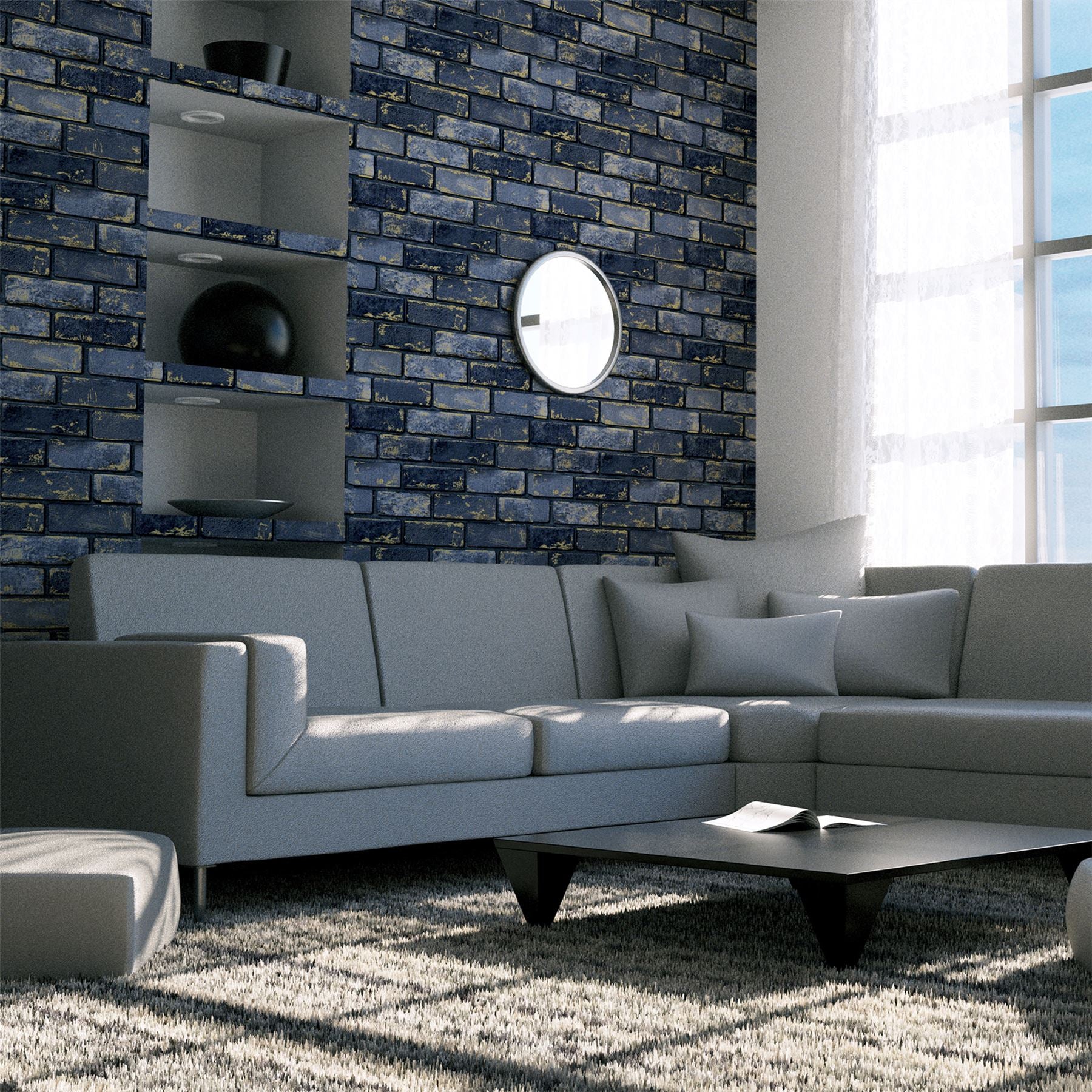 Metallic Brick Navy/Gold Wallpaper