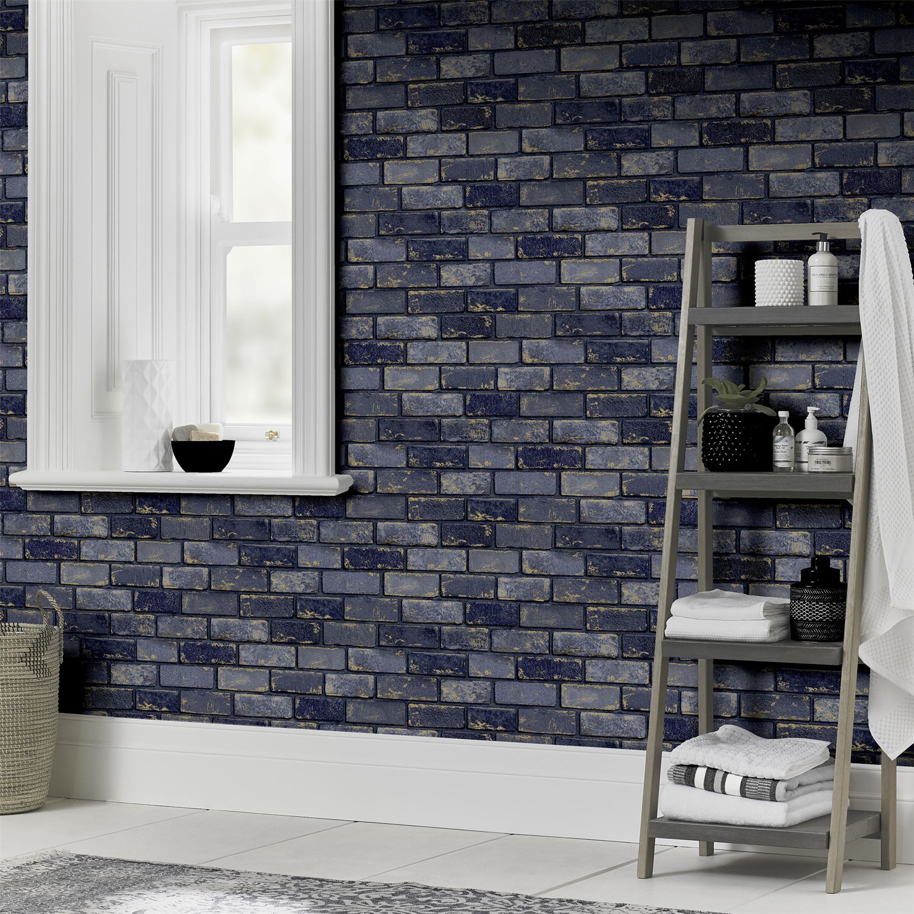 Metallic Brick Navy/Gold Wallpaper