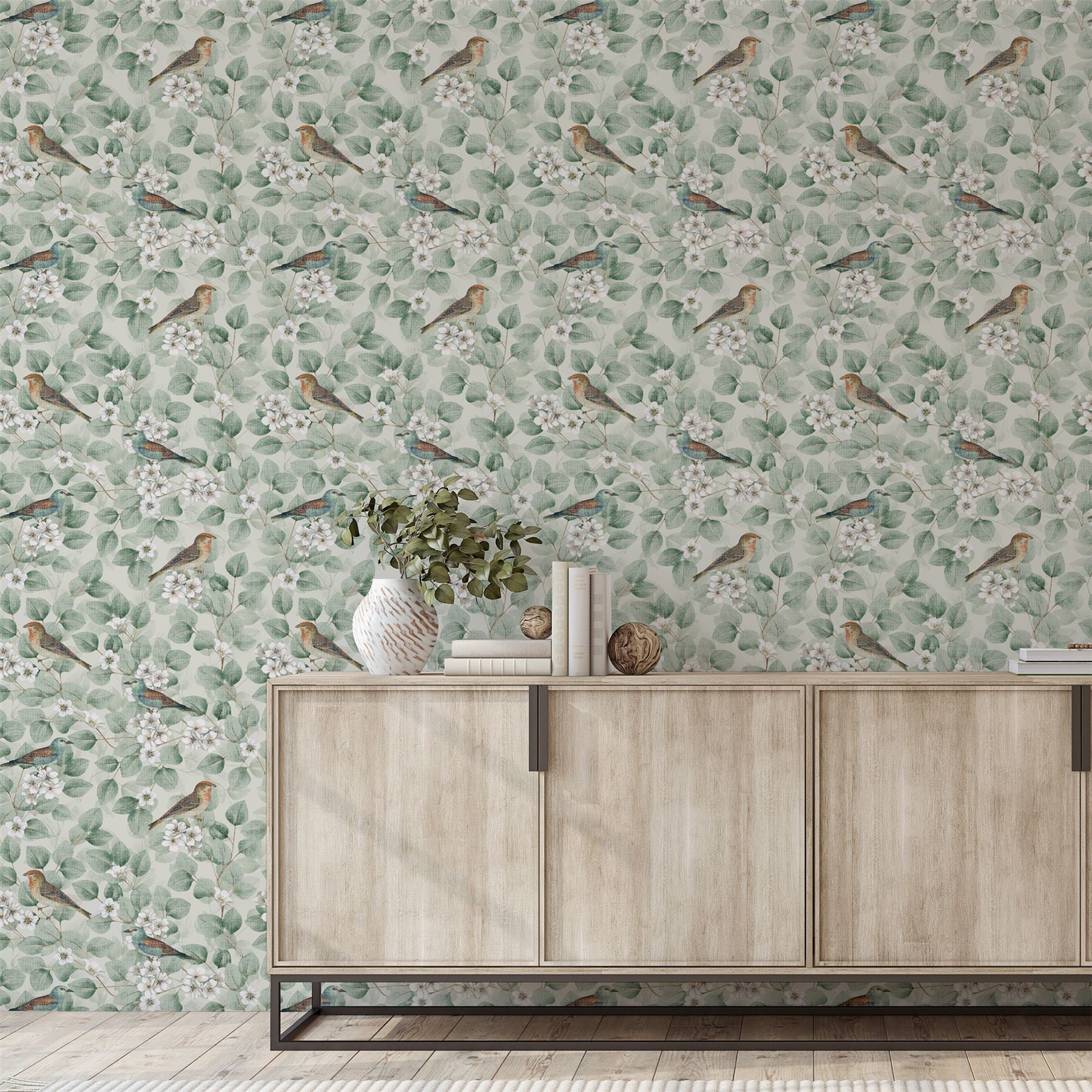 Birds & Blossoms Green Wallpaper
