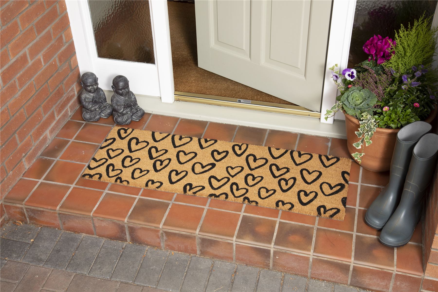 Astley Printed Hand Drawn Hearts PVC Backed Coir 40x120cm Natural Doormat