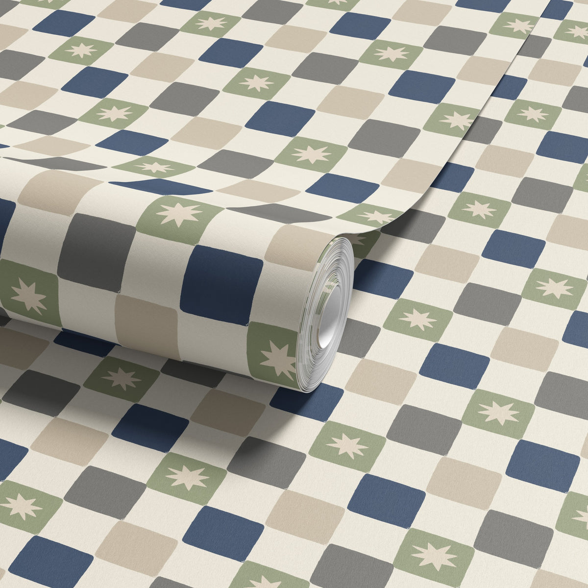 Chequer Star Sage Green & Navy Blue Wallpaper