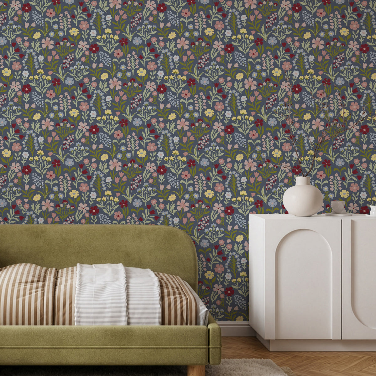 Pretty Meadow Blue & Green Wallpaper