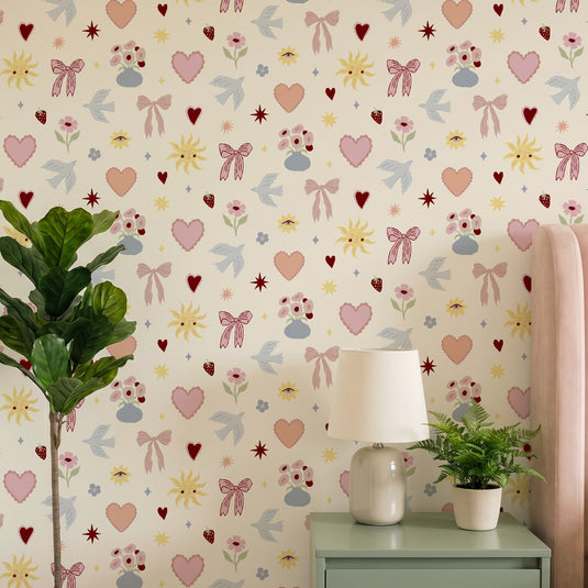 Hearts & Ribbons Multi Walpaper