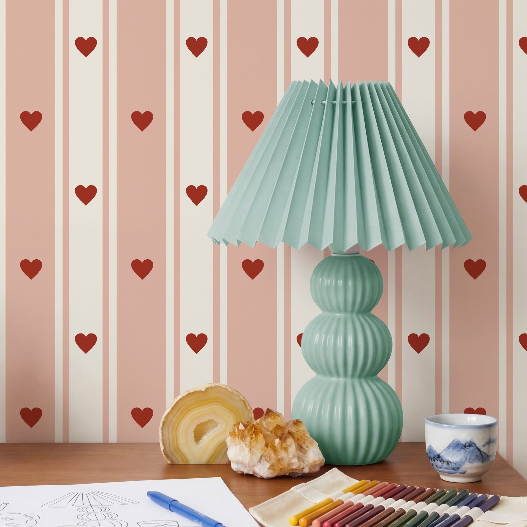 Sweetheart Stripe Blush Pink & Red Wallpaper