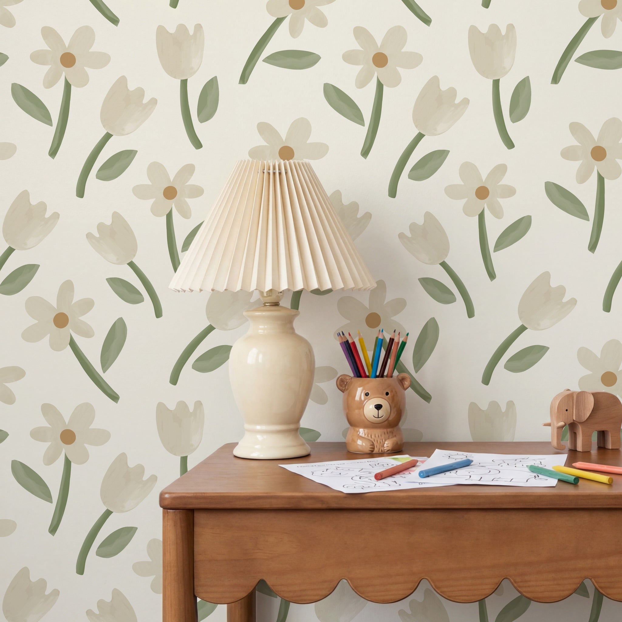 Spring Cascade Cream & Sage Green Wallpaper