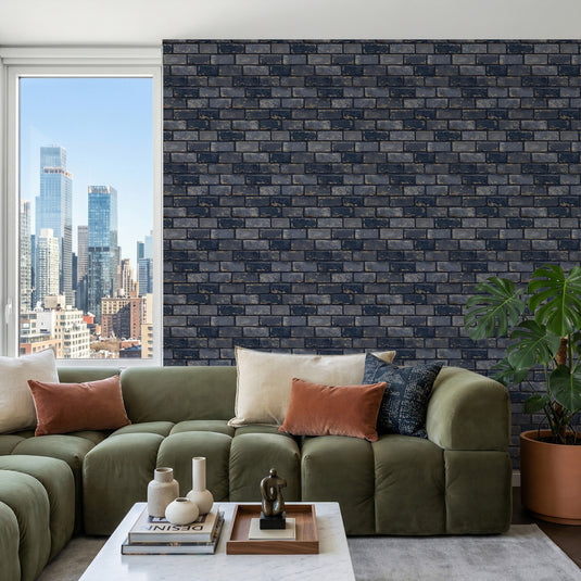 Metallic Brick Navy/Gold Wallpaper