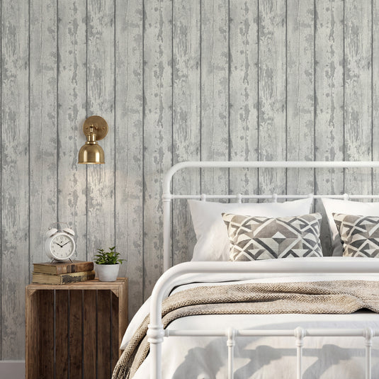 Metallic Washed Wood Grey/Silver Wallpaper