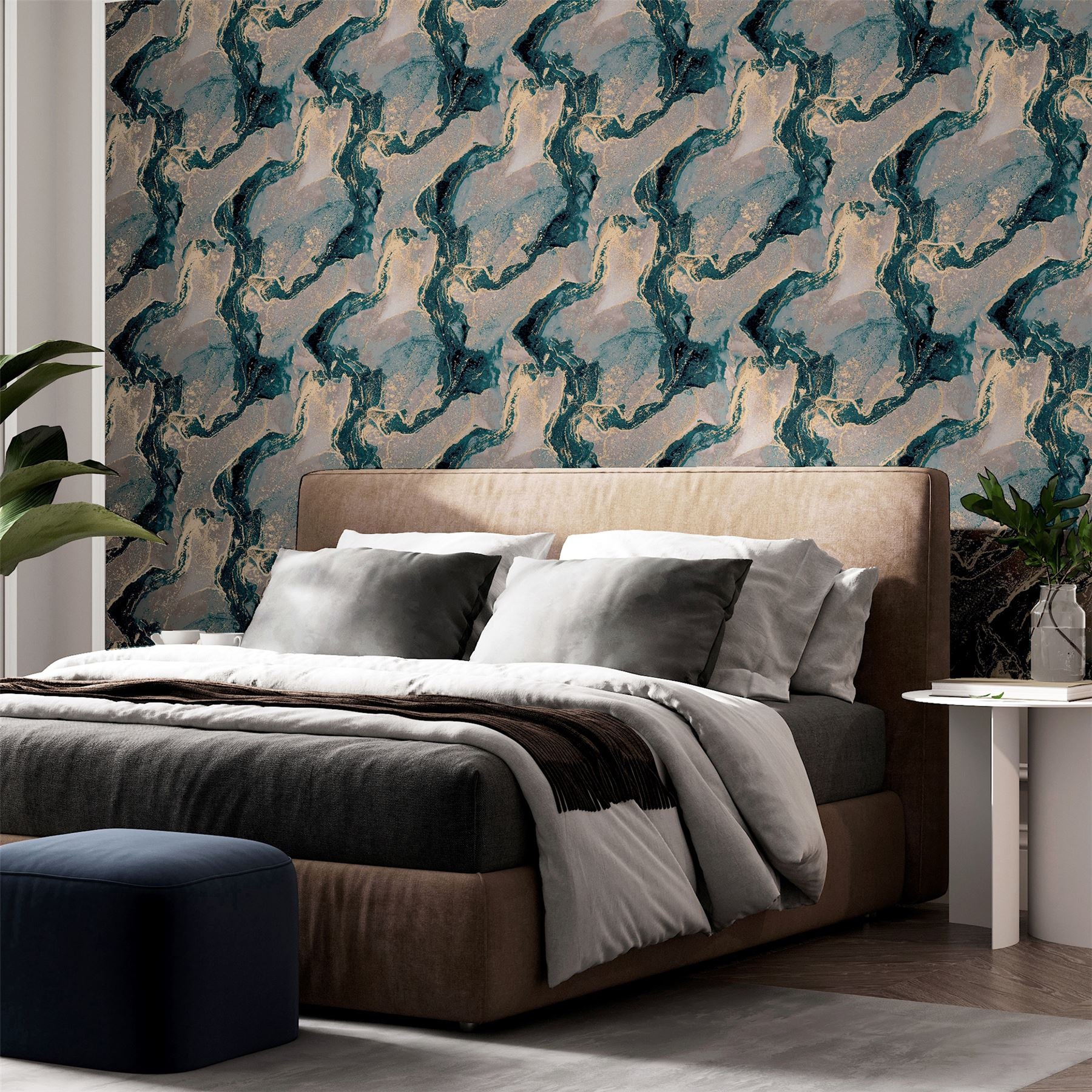 Abstract Marble Teal/Gold Wallpaper