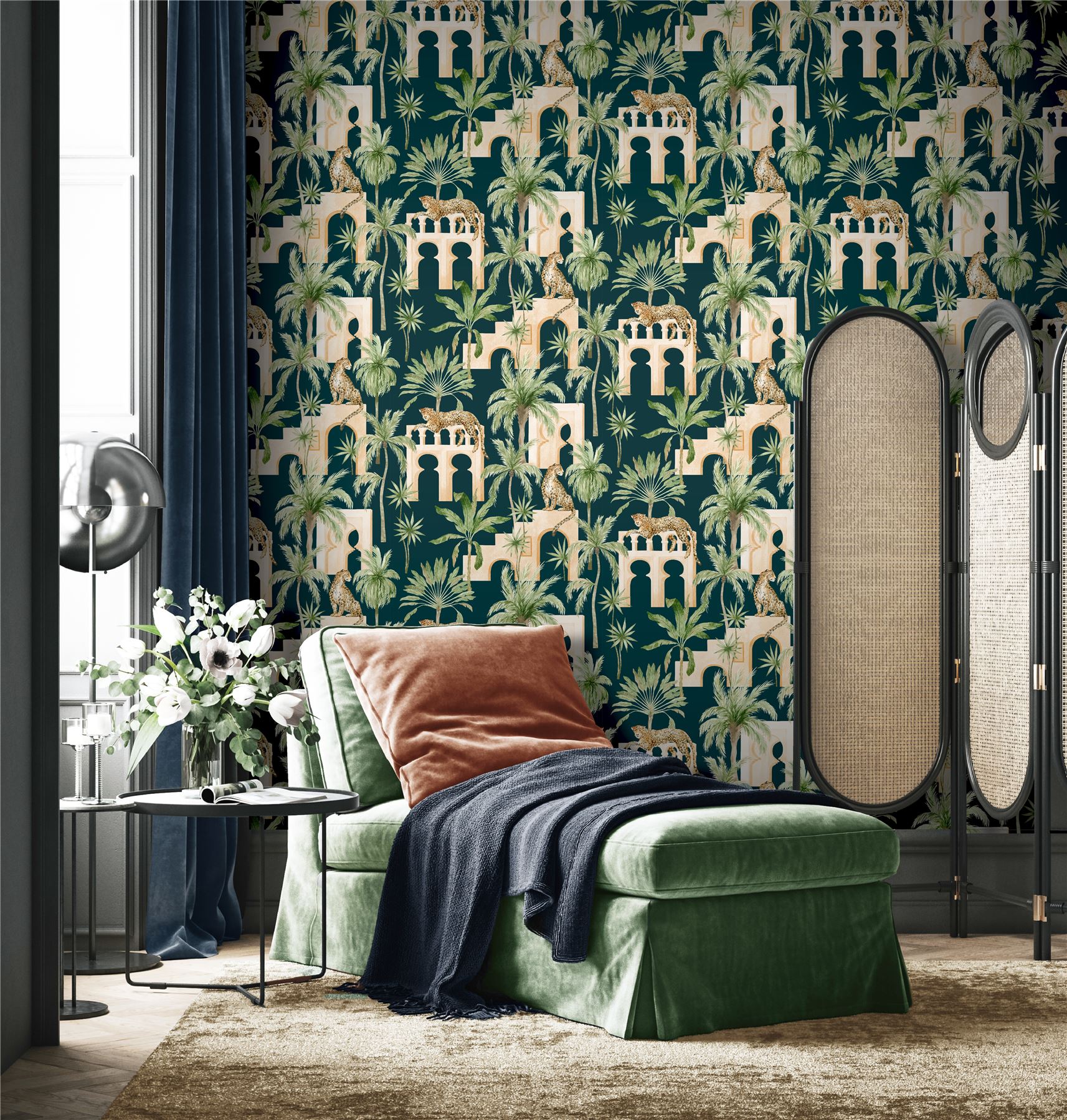 Leopard Arches Navy Wallpaper