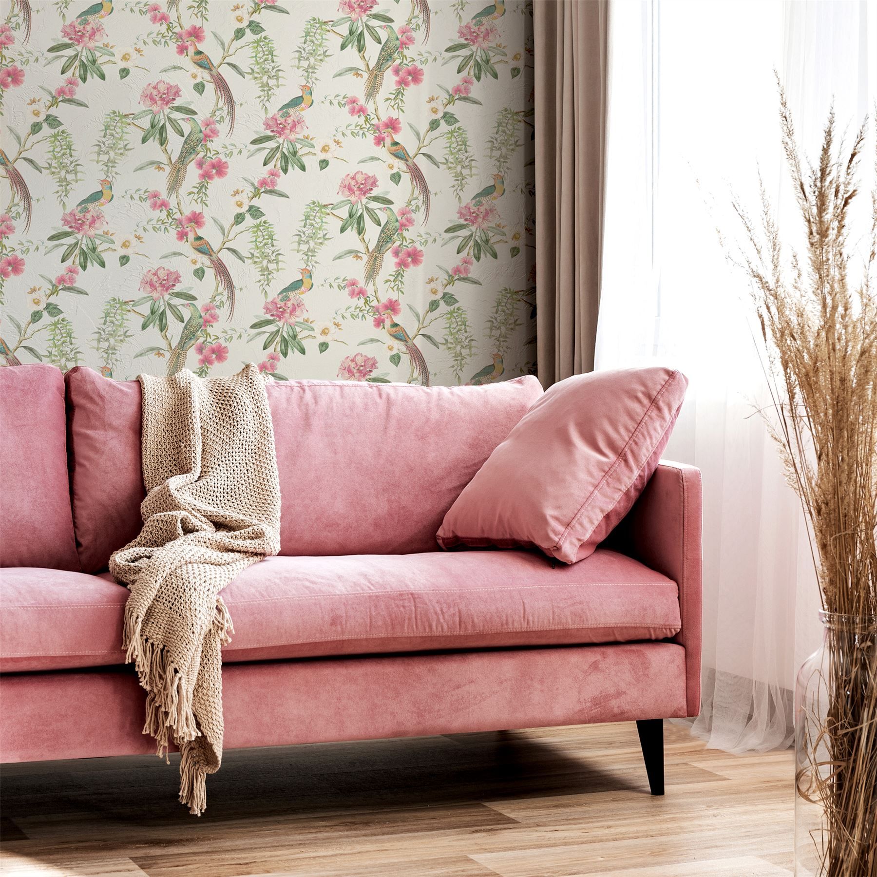 Exotic Garden Pink Green Wallpaper