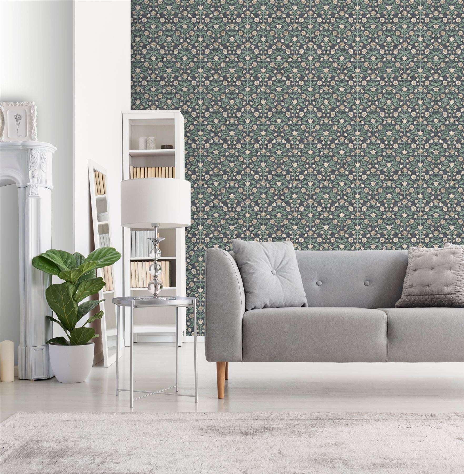 Modern Floral Damask Navy Wallpaper
