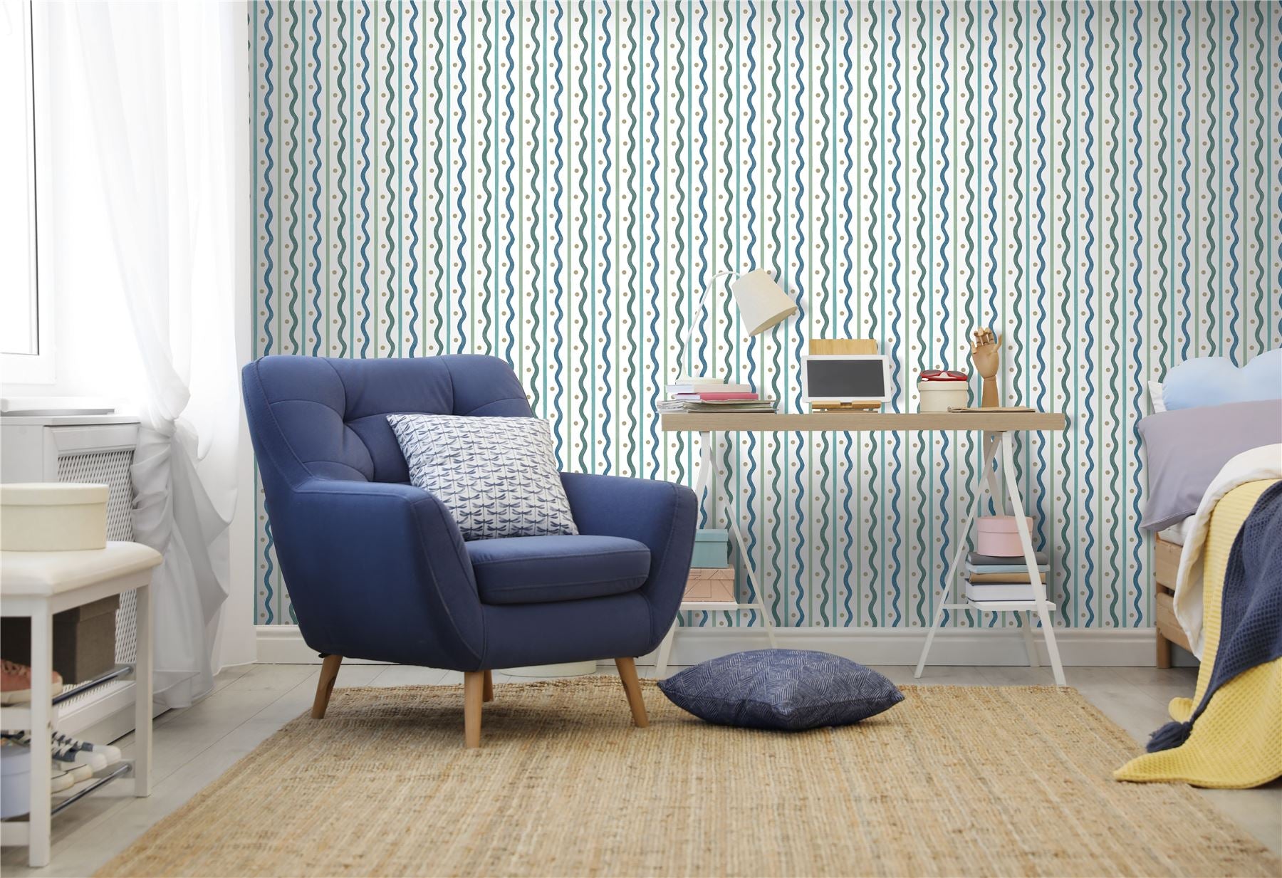 Squiggle Stripe Blue Green Wallpaper