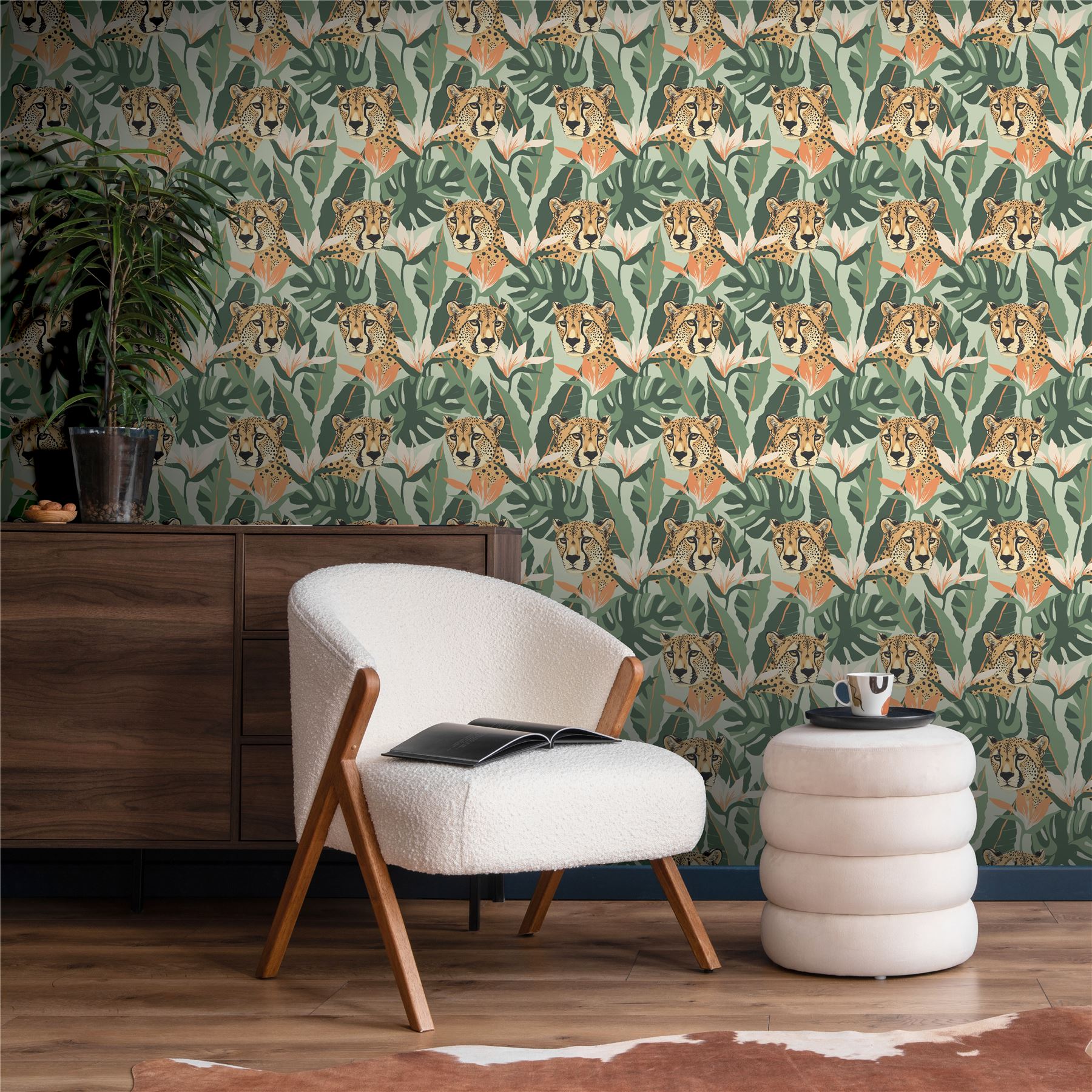Jungle Leopard Light Green Wallpaper