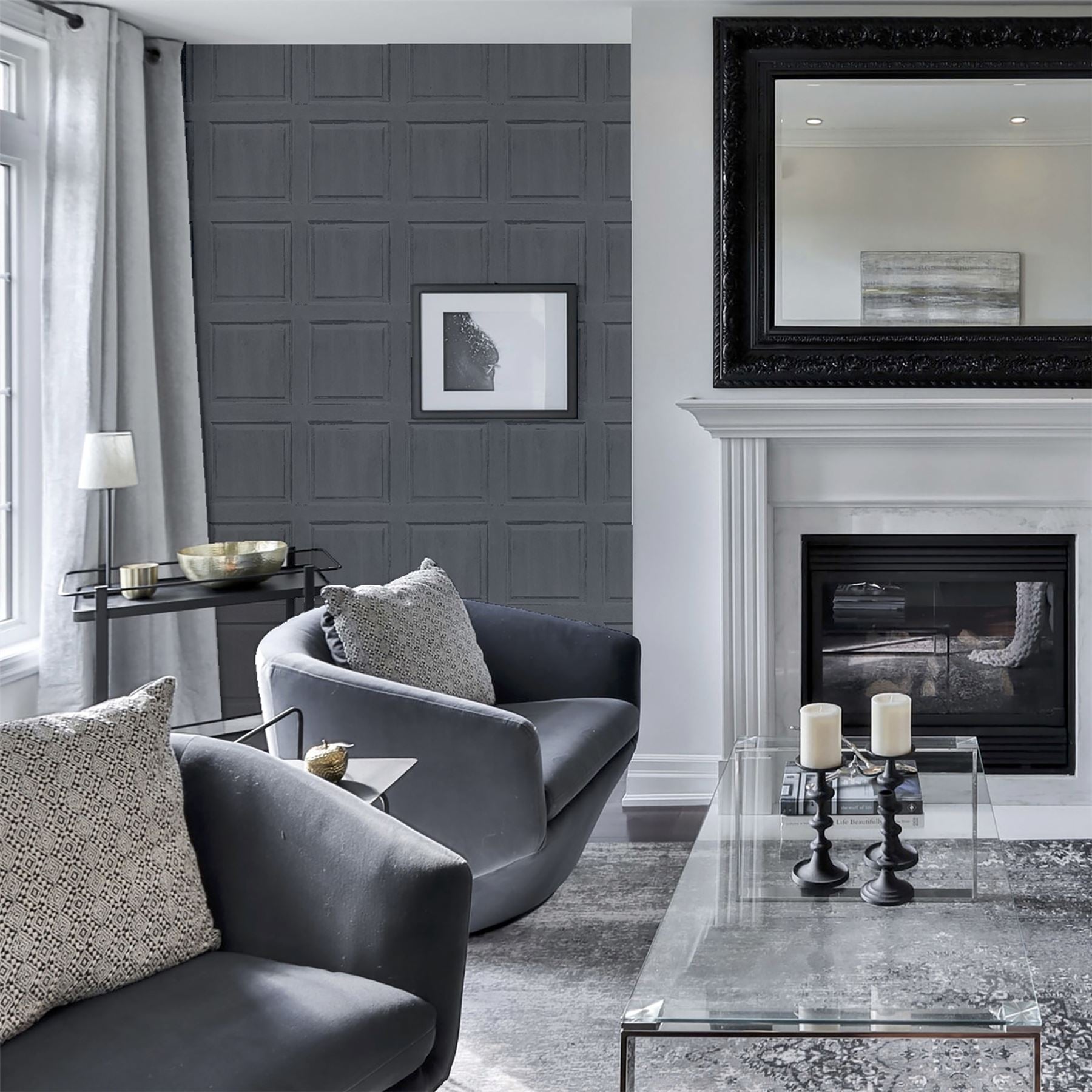 Washed Panel Charcoal Wallpaper