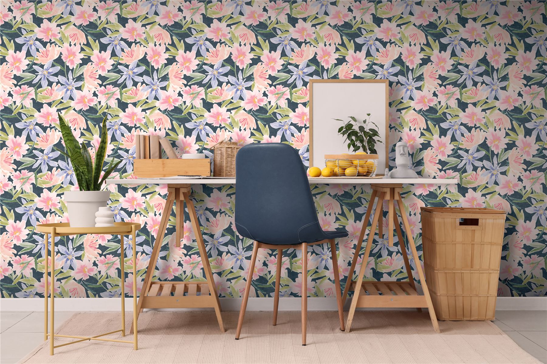 Watercolour Floral Navy Wallpaper