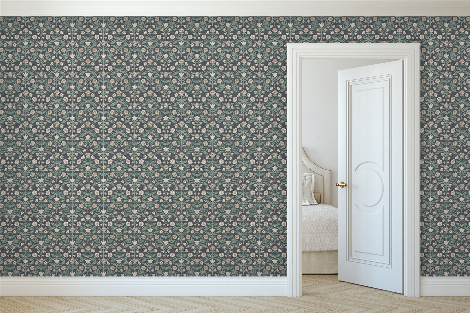 Modern Floral Damask Navy Wallpaper