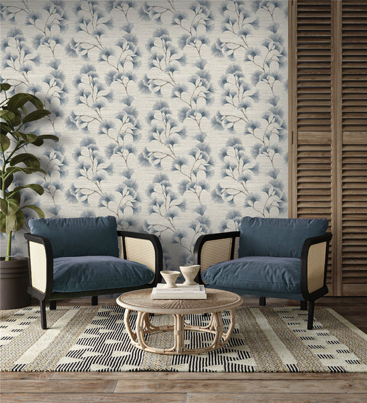 Ginkgo Leaf Trail Blue/Grey Wallpaper