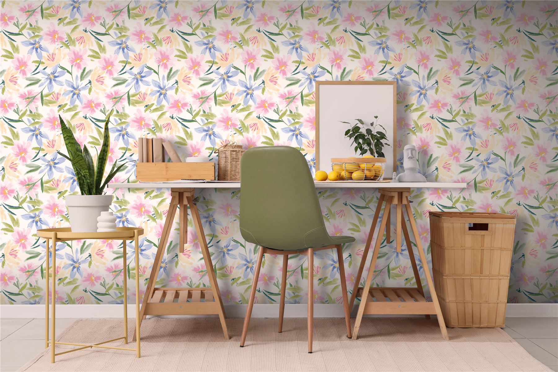 Watercolour Floral White Wallpaper