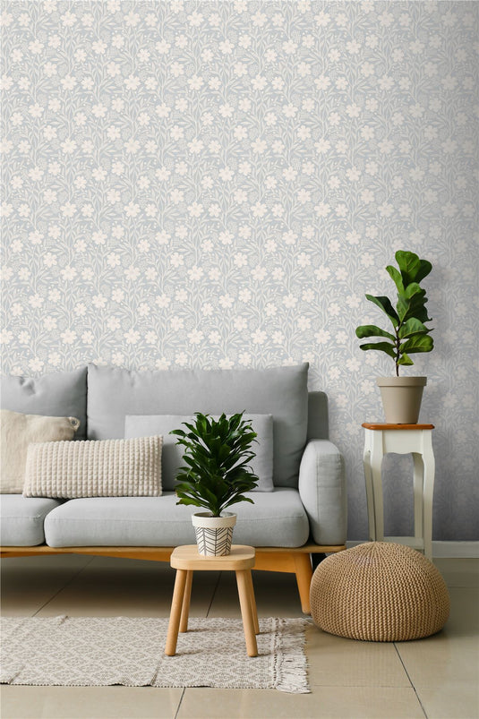 Berry Floral Soft Blue Wallpaper