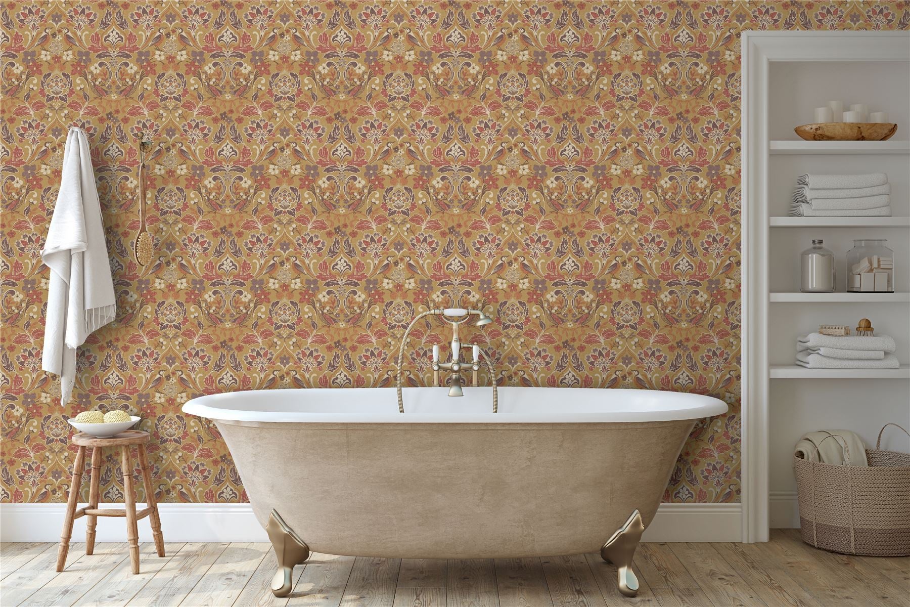 Folk Floral Ochre Wallpaper