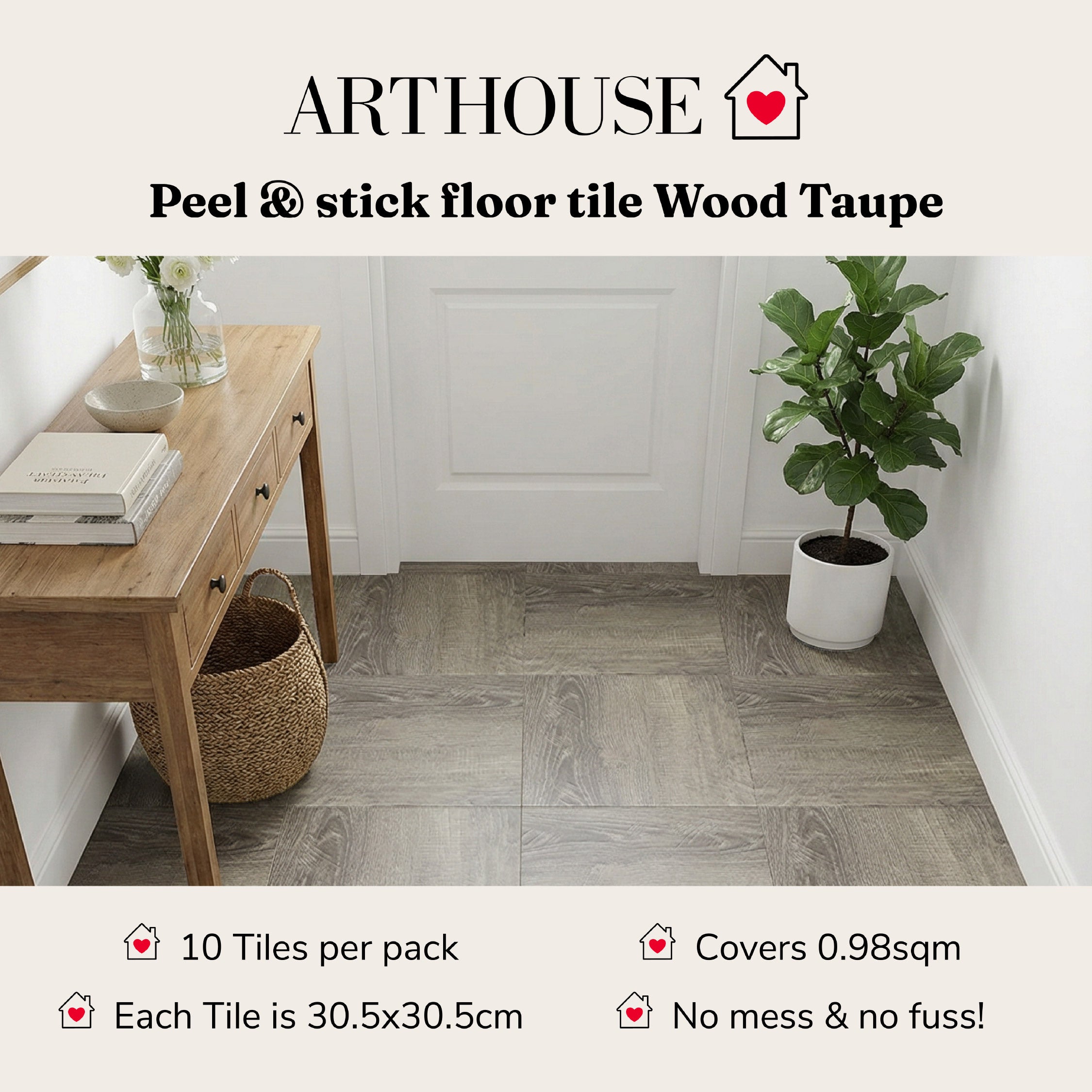 Floor Tile Wood 30.5x30.5cm Taupe (10 Tiles Per Pack)