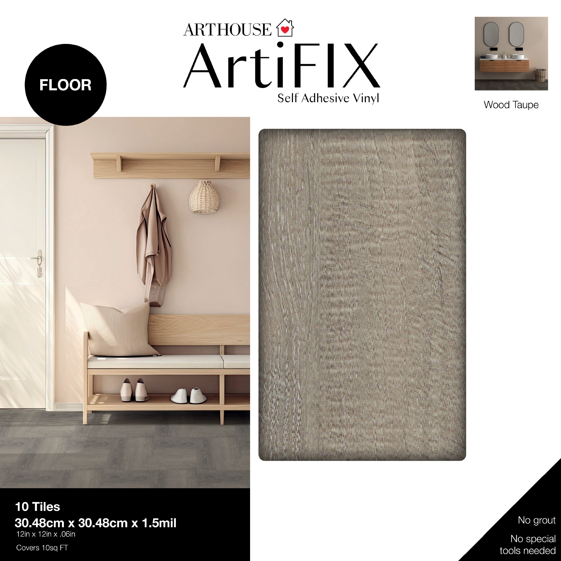 Floor Tile Wood 30.5x30.5cm Taupe (10 Tiles Per Pack)