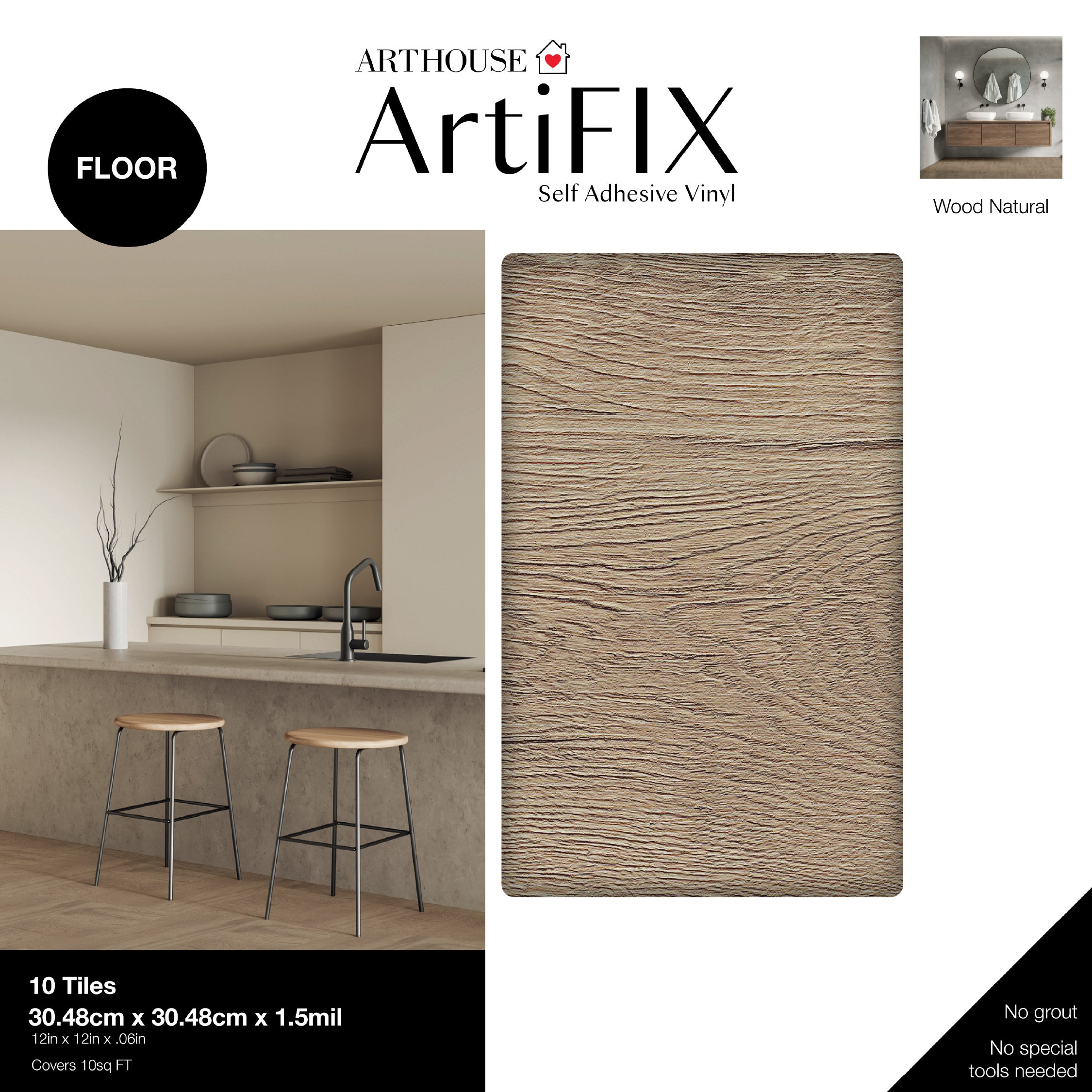 Floor Tile Wood 30.5x30.5cm Natural (10 Tiles Per Pack)