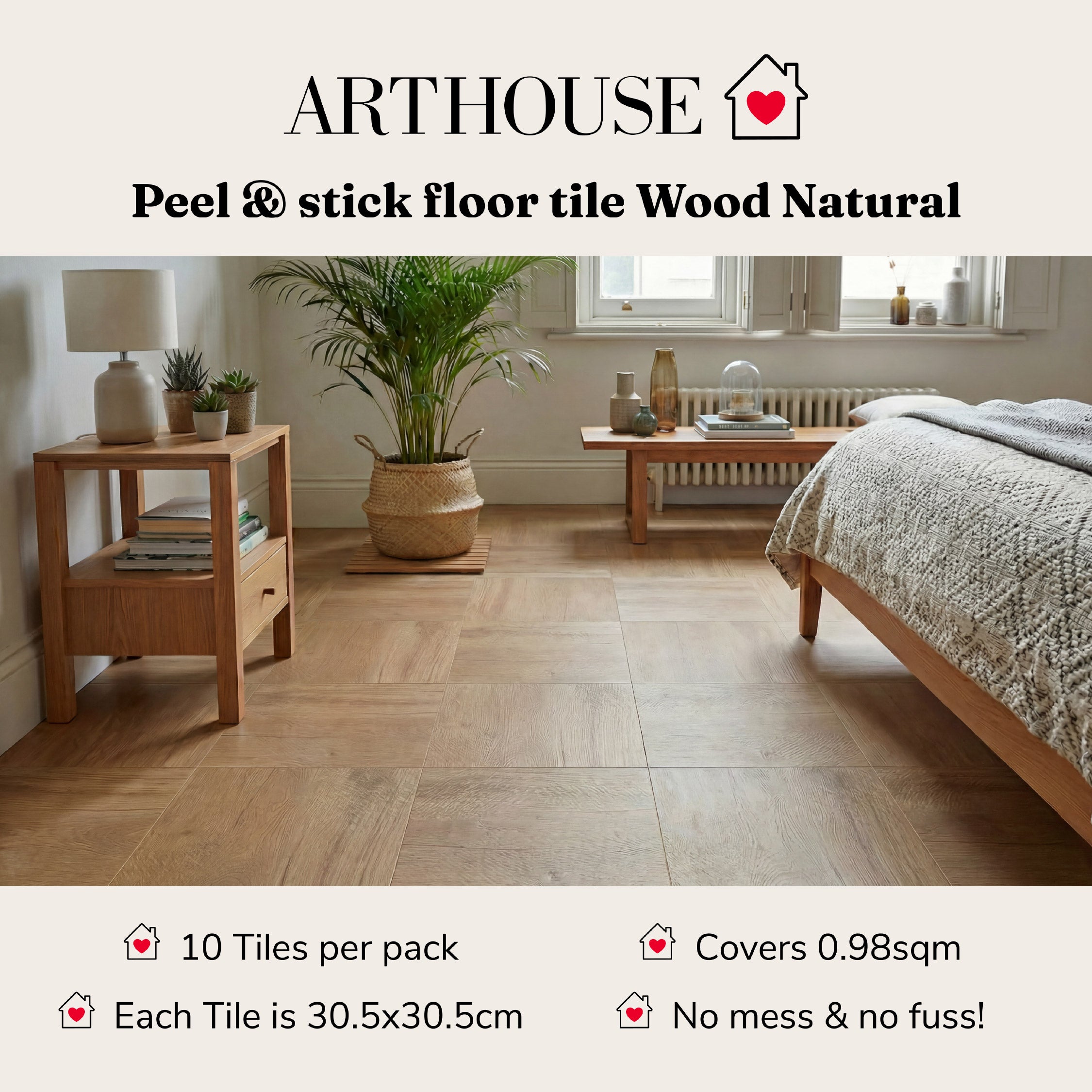 Floor Tile Wood 30.5x30.5cm Natural (10 Tiles Per Pack)